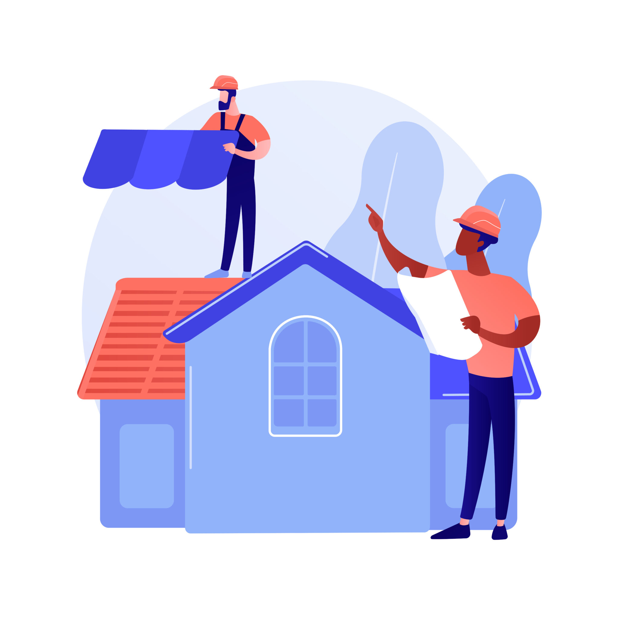Roofing services abstract concept vector illustration. Roof repair, peak roofing contractors, house maintenance, leak inspection, new roof installation, storm damage, slope abstract metaphor.